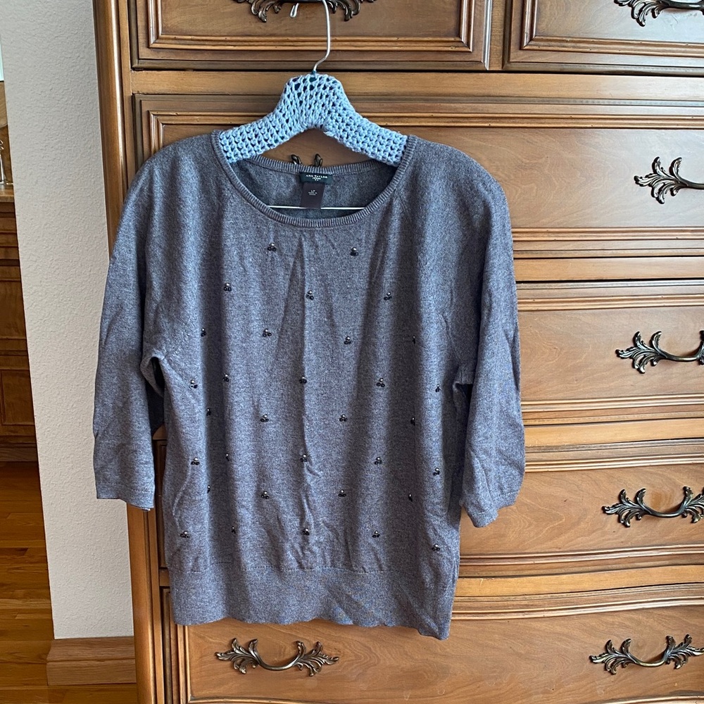Ann Taylor Charcoal Knit Pullover with Bead Detail